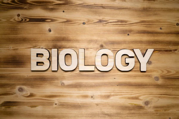 BIOLOGIA parola fatta di lettere in blocchi di legno su tavola di legno . — Foto Stock