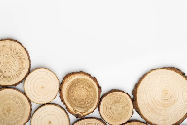 Pine tree cross-sections with annual rings on white background. Lumber piece close-up, top view. — Stock Photo, Image