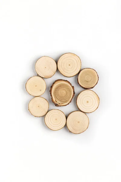 Circle of pine tree cross-sections with annual rings on white background. Lumber piece close-up, top view.