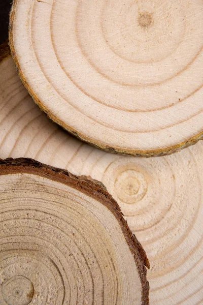 Seções transversais empilhadas de tronco de pinheiros com anéis anuais. Peça de madeira close-up . — Fotografia de Stock