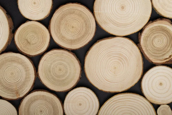 Secções transversais de pinheiro com anéis anuais sobre fundo preto. Peça de madeira close-up, vista superior . Fotos De Bancos De Imagens