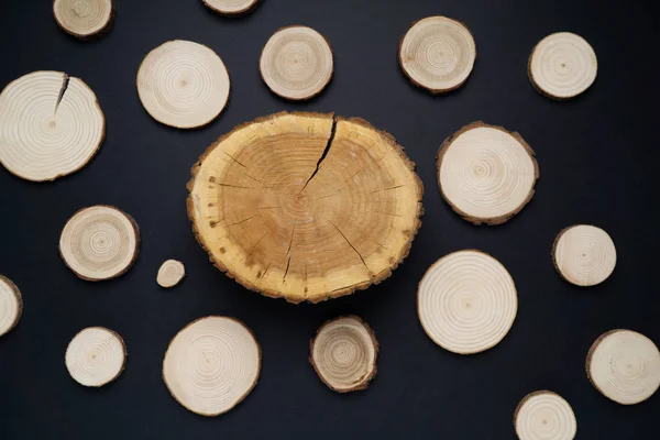 Pine tree cross-sections with annual rings on black background. Lumber piece close-up, top view. — Stock Photo, Image