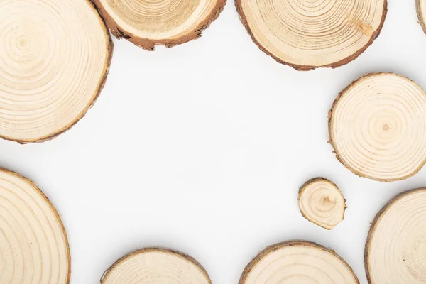 Pine tree cross-sections with annual rings on white background. Lumber piece close-up, top view. — Stock Photo, Image