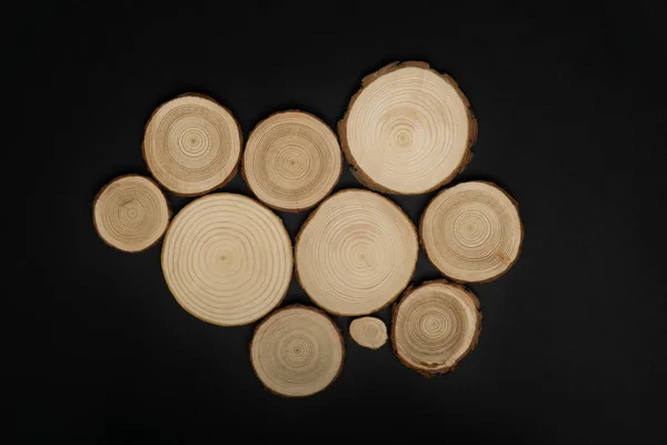 Pine tree cross-sections with annual rings on black background. Lumber piece close-up, top view. — Stock Photo, Image