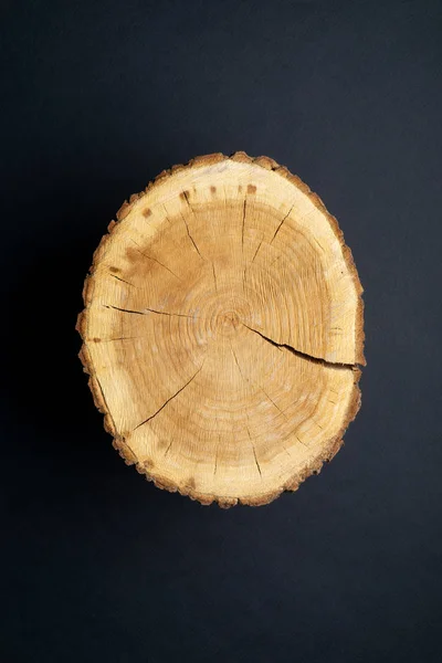 Corte transversal de árvore rachada com anéis anuais em fundo preto. Peça de madeira close-up, vista superior . — Fotografia de Stock