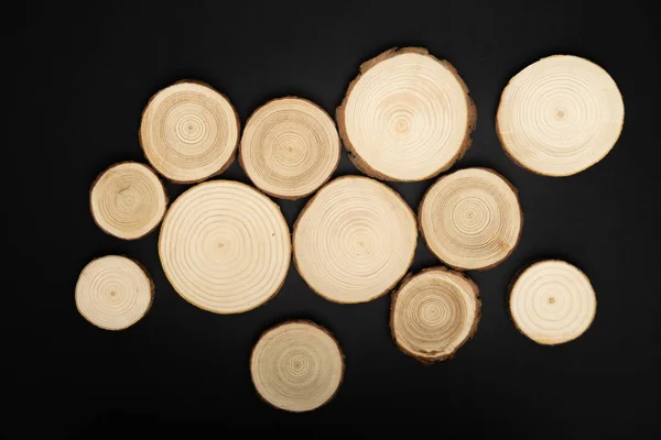 Pine tree cross-sections with annual rings on black background. Lumber piece close-up, top view. — Stock Photo, Image