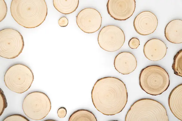 Pine tree cross-sections with annual rings on white background. Lumber piece close-up, top view. — Stock Photo, Image