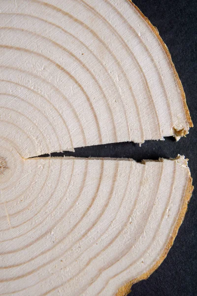 Corte transversal de madeira rachada com anéis anuais sobre fundo preto. Peça de madeira close-up . — Fotografia de Stock