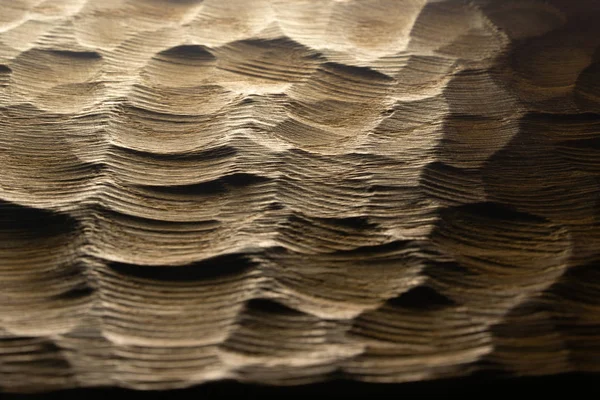 Textura de las ondas de madera tallada, fondo. Superficie de madera tallada en bruto para fondo abstracto. Ondas marinas de madera retroiluminadas . — Foto de Stock