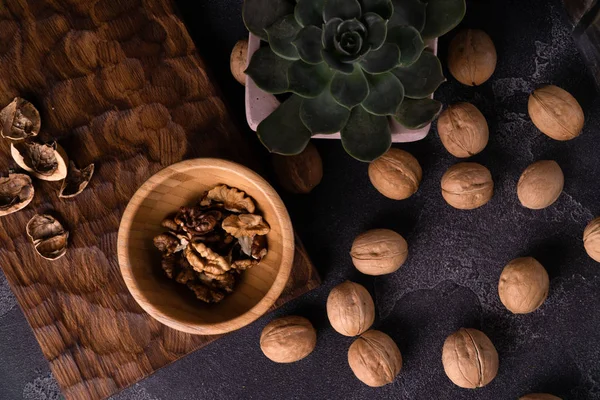 Echeveria planta y nueces sobre tabla de pizarra azul. Composición saludable de frutos secos y semillas . —  Fotos de Stock