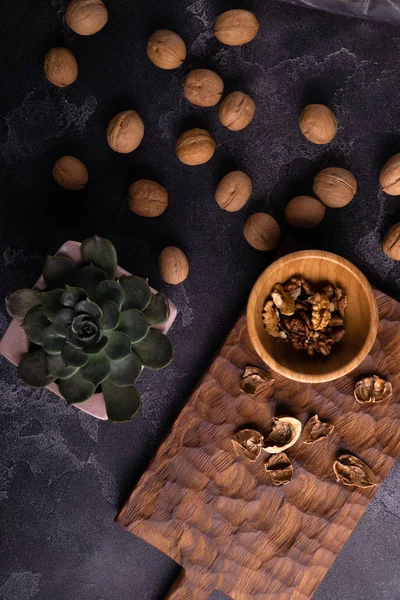 Echeveria planta y nueces sobre tabla de pizarra azul. Composición saludable de frutos secos y semillas . — Foto de Stock