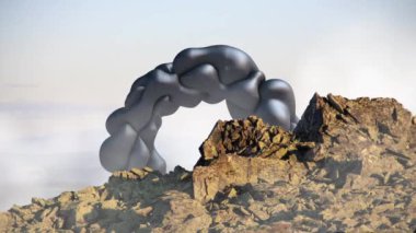 Gizemli yüzen nesne, ufo dağ manzara üzerinde uçan. 3d render, sorunsuz döngü animasyon.