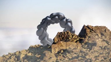 Gizemli yüzen nesne, ufo dağ manzara üzerinde uçan. 3d render, sorunsuz döngü animasyon.