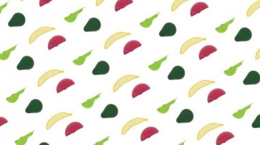 Beyaz arka plan karşı satırlar halinde yüzen ve hareket eden meyve 3d animasyon. Sorunsuz 3d animasyon döngü oluşturma.