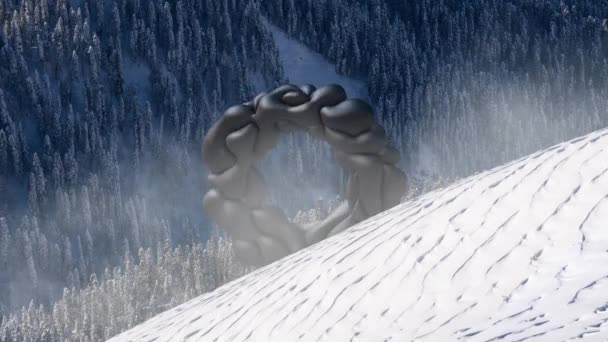 Objet flottant mystérieux, ovni au-dessus du paysage enneigé. rendu 3d, animation en boucle transparente . — Video