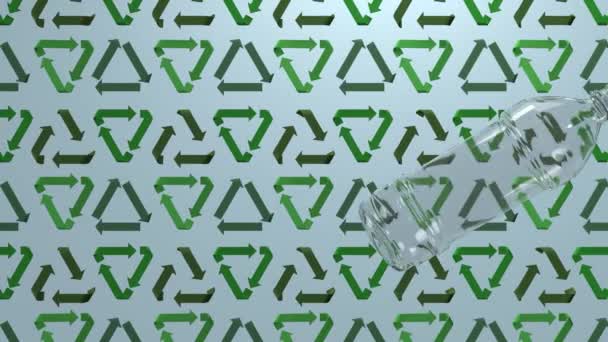 3D animation of a plastic bottle floating by on recycle signs background. Seamless 3D animation loop rendering. Ecology and environment background, motion design for poster, branding, banner, header. — Stock Video