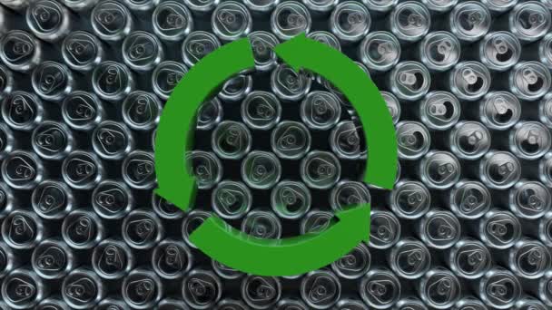 Animation of moving round recycling sign on aluminium cans background. 3d CGI seamless loop animation. Environment awareness and ecology, 3d rendering. — Stock Video