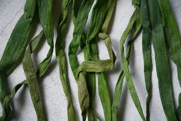 Muelles de cebolla seca en la superficie texturizada de pizarra. Fondo alimenticio. Cebolla bulbo, primavera verde. Vista superior . — Foto de Stock