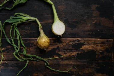 Rustik ahşap masada yaprakları ile Organik soğan. Yemek geçmişi. Soğan soğanı, yeşil bahar. Üstte görüntü.