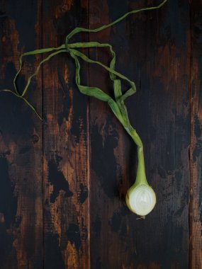 Ahşap dokulu masada yaprakları ile Organik soğan. Soğan arka plan. Soğan soğanı, yeşil bahar. Üstte görüntü.