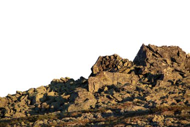 Kayalık dağ yamacı ya da üst ön plan beyaz arka planda izole edilmiş yakın plan. Matet boyama için element, alanı kopyala.