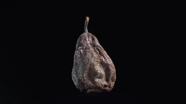 Pera mohosa podrida girando sobre fondo negro, plano de estudio aislado . — Foto de Stock