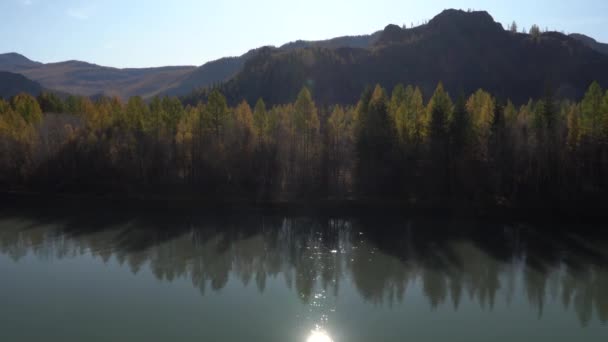 O panorama fotografado sobre o rio com floresta e montanhas. Região de Altai, Sibéria . — Vídeo de Stock