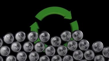 Alüminyum teneke duvarlar geri dönüşümlü tabela arka planına düşüyor. Geri dönüşüm, gıda endüstrisi, alüminyum üretimi. 3d oluşturma.