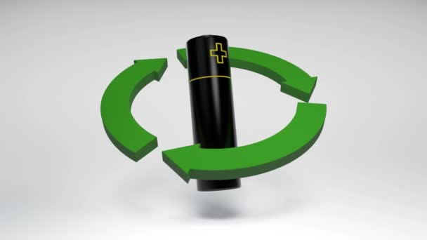 Cg animation ηλεκτρικής μπαταρίας που περιστρέφεται στο εσωτερικό της πινακίδας ανακύκλωσης σε λευκό φόντο. Απρόσκοπτη 3d animation απόδοση. — Αρχείο Βίντεο