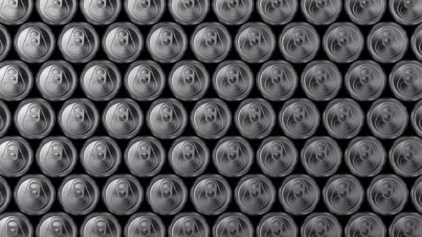 Wall of aluminium cans tumbling down on black background. Recycling, food industry, aluminium production. 3d rendering. — Stock Video