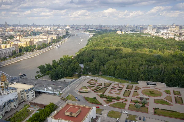 Aerial view of Moscow with Moscow River, Neskuchny Garden, Cathedral of Christ the Saviour taken from the building of the russian academy of sciences (Golden Brains)