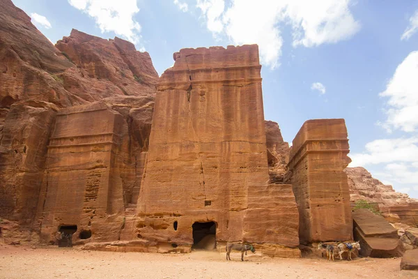Burros Túmulos Antigos Rua Fachadas Necrópole Cidade Templo Petra Jordânia — Fotografia de Stock