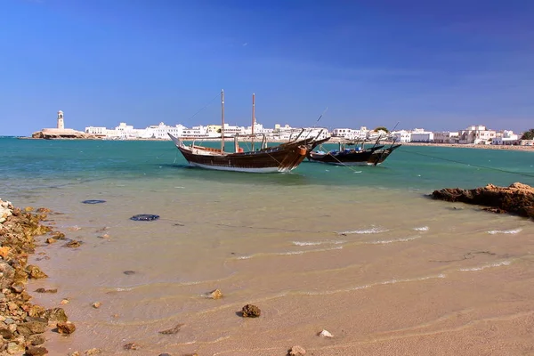 Dhower Traditionella Segling Och Fiskebåtar Gamla Hamnen Ayjah Sur Oman — Stockfoto