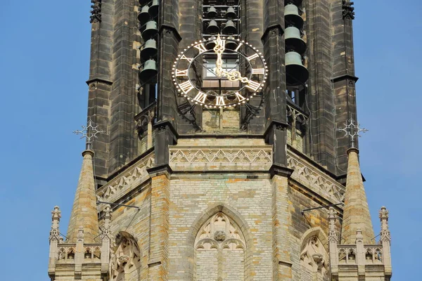 Nieuwe Kerk Clock Tower Close Clock Bells Spires Delft Países — Fotografia de Stock