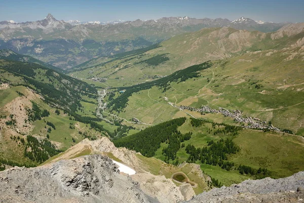 Panoramautsikt Från Bergsrygg Med Utsikt Över Två Dalarna Saint Veran — Stockfoto