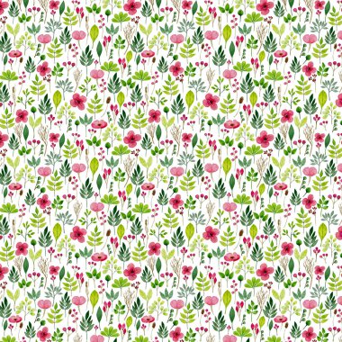 Tam kare desen suluboya çiçek ve yaprakları yapılmış. Beyaz arka plan.