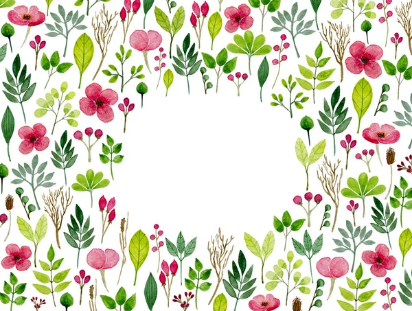 Arka plan suluboya çiçek ve yaprakları yapılmış. Beyaz arka plan. Kopya alanı.