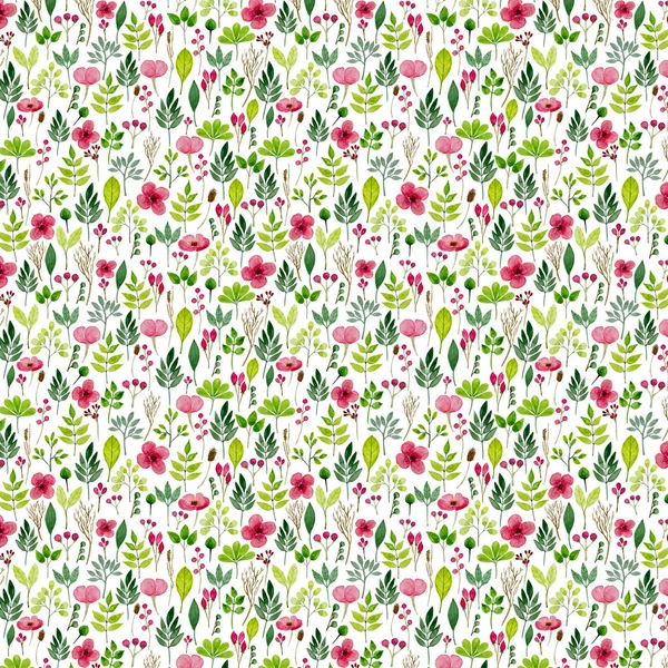 Volledige Frame Patroon Gemaakt Van Aquarel Bloemen Bladeren Witte Achtergrond — Stockfoto
