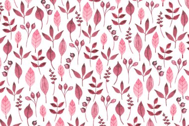 Suluboya ile sonbahar desen bırakır, çalı çırpı ve çilek beyaz arka plan üzerinde. Tam kare.