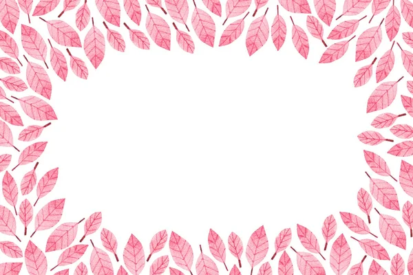 Autumn frame with pink watercolor leaves on white background. Copy space.