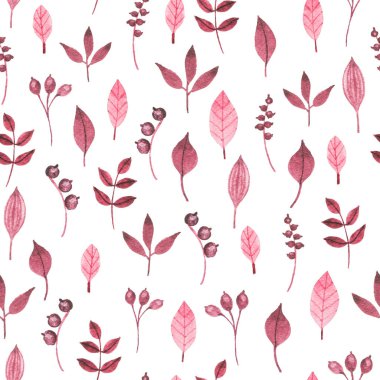 Suluboya ile Seamless modeli bırakır, çilek ve beyaz arka plan üzerinde twigs.