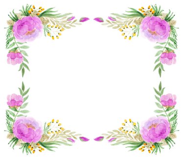 Pembe çiçekler ve beyaz zemin üzerine yeşil yaprak suluboya çerçeveli. Tasarım öğesi.