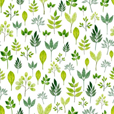 Dikişsiz desen beyaz zemin üzerine suluboya yaprakları yapılmış.