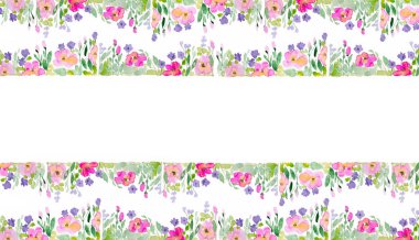 Pembe çayır çiçek beyaz zemin üzerine suluboya çerçeveli. Tasarım öğesi.