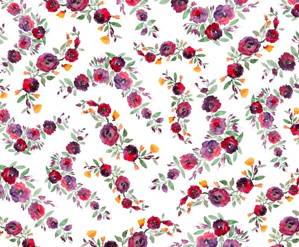 Watercolor pattern with purple flowers on white background. Full frame.