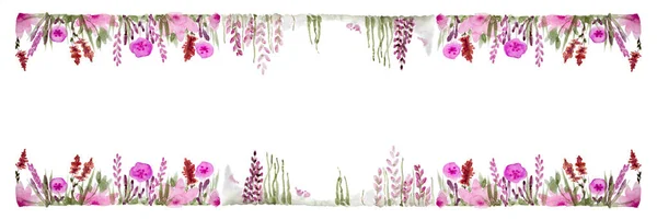 Aquarel Frame Met Weide Roze Bloemen Witte Achtergrond Ontwerpelement — Stockfoto