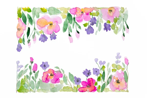 Pembe çayır çiçek beyaz zemin üzerine suluboya çerçeveli. Tasarım öğesi.