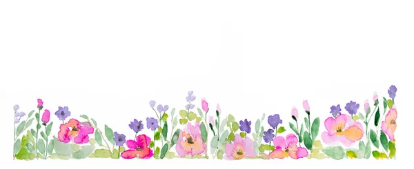 Aquarellrand Mit Rosa Wiesenblumen Auf Weißem Hintergrund Gestaltungselement — Stockfoto