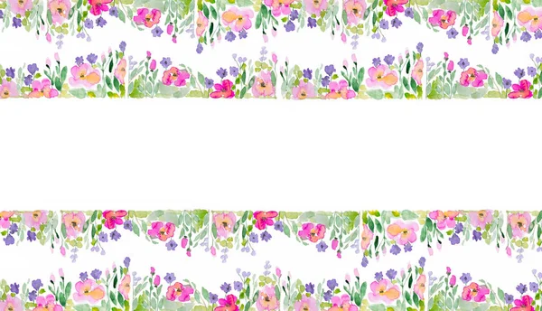 Aquarellrahmen Mit Rosa Wiesenblumen Auf Weißem Hintergrund Gestaltungselement — Stockfoto