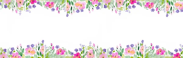Aquarellrahmen Mit Rosa Wiesenblumen Auf Weißem Hintergrund Gestaltungselement — Stockfoto